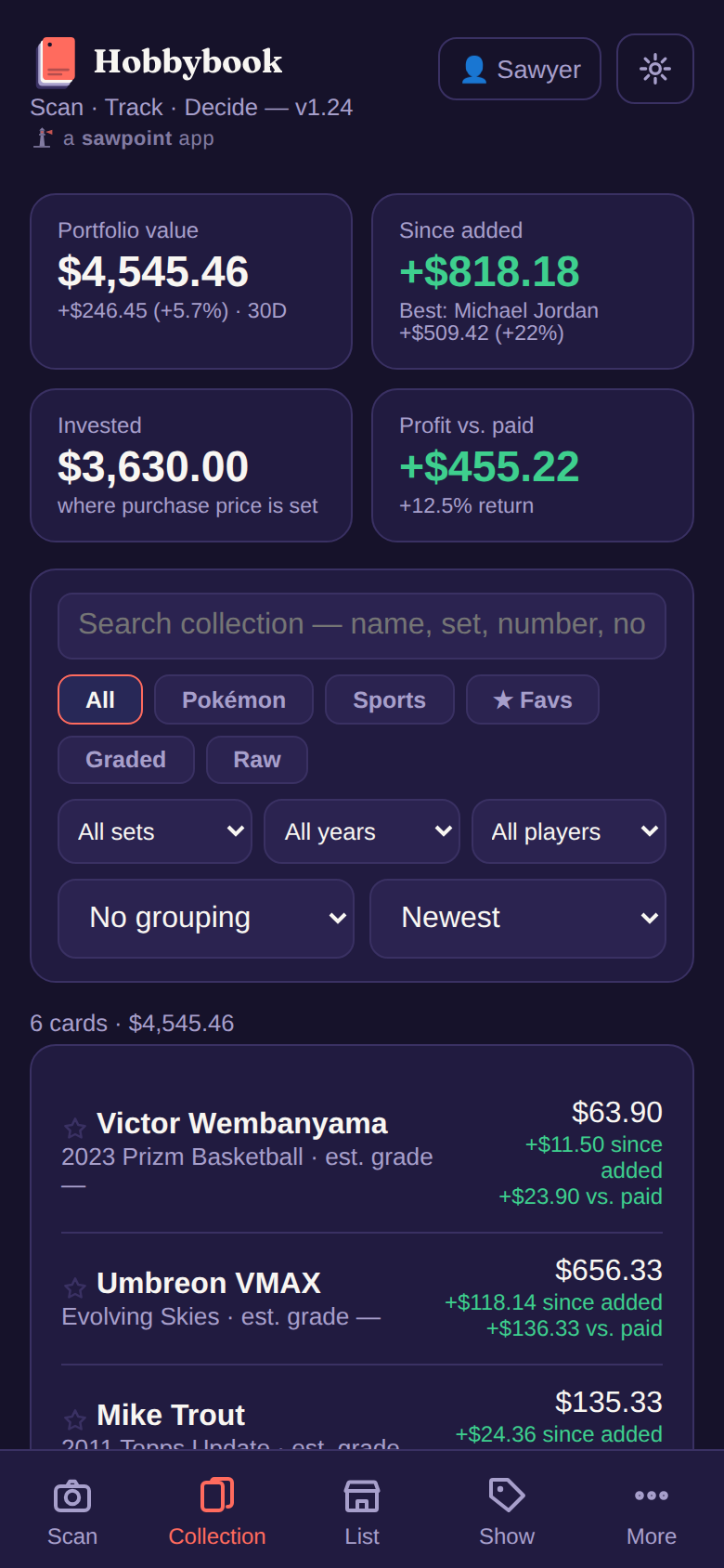 Hobbybook's collection screen: portfolio value, gains since each card was added, and a list of cards with their current values